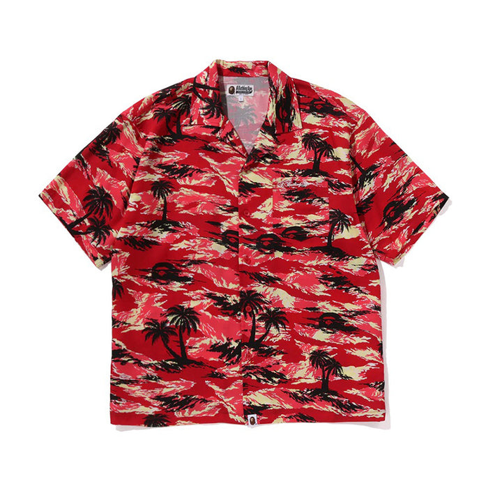 팜 트리 카모 오픈 칼라 포켓 SS 셔츠(M) RED