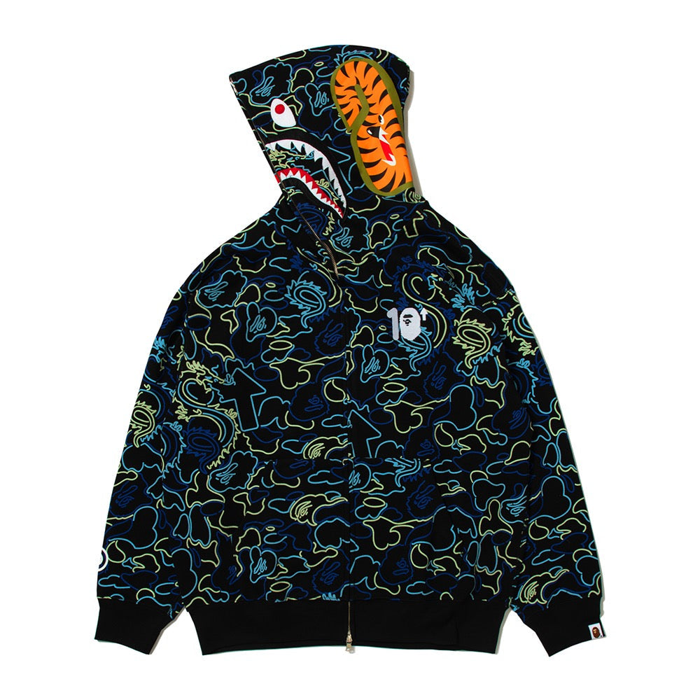 BAPE X 88RISING 글로우 인 더 다크 카모 샤크 풀 집 후드(M) BLUE