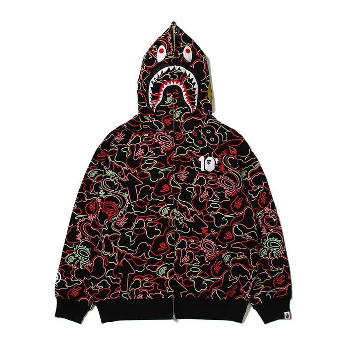 BAPE X 88RISING 글로우 인 더 다크 카모 샤크 풀 집 후드(M) RED