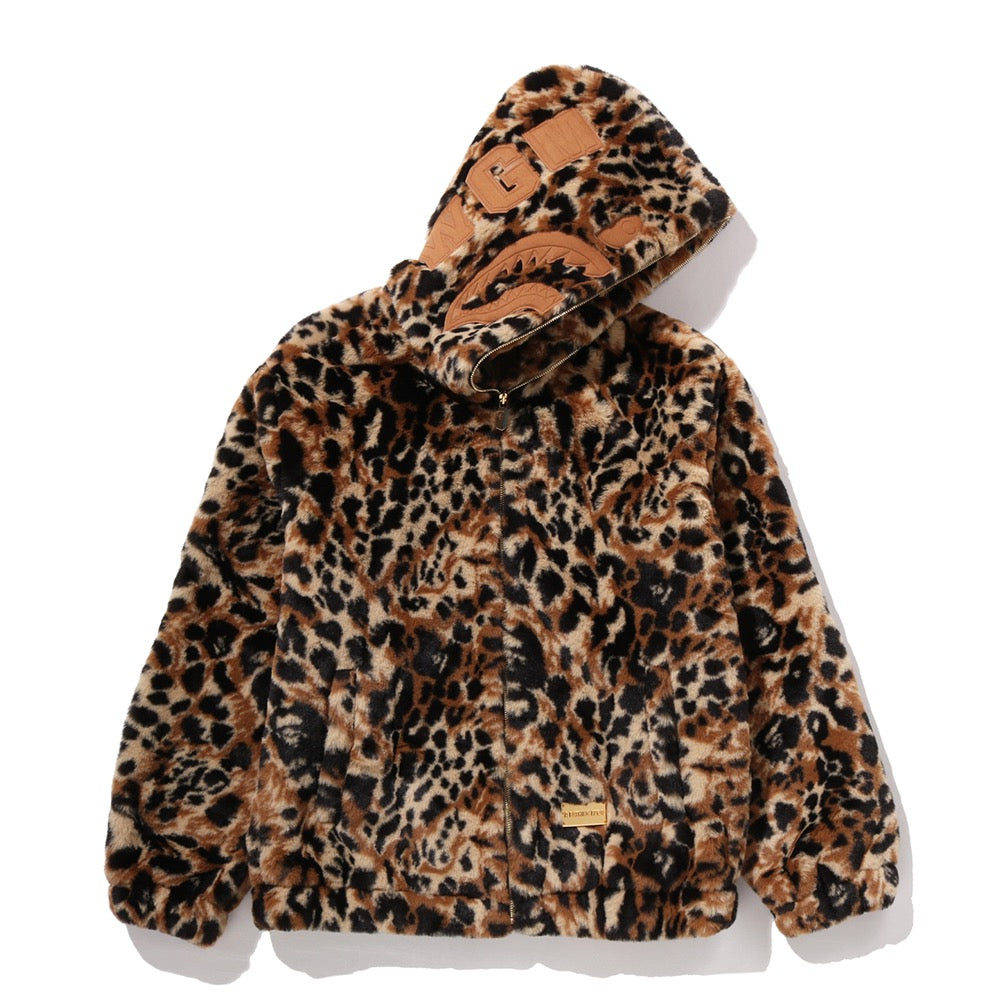 와일드 레오파드 패턴 포우 퍼 샤크 풀 집 자켓(M) BEIGE