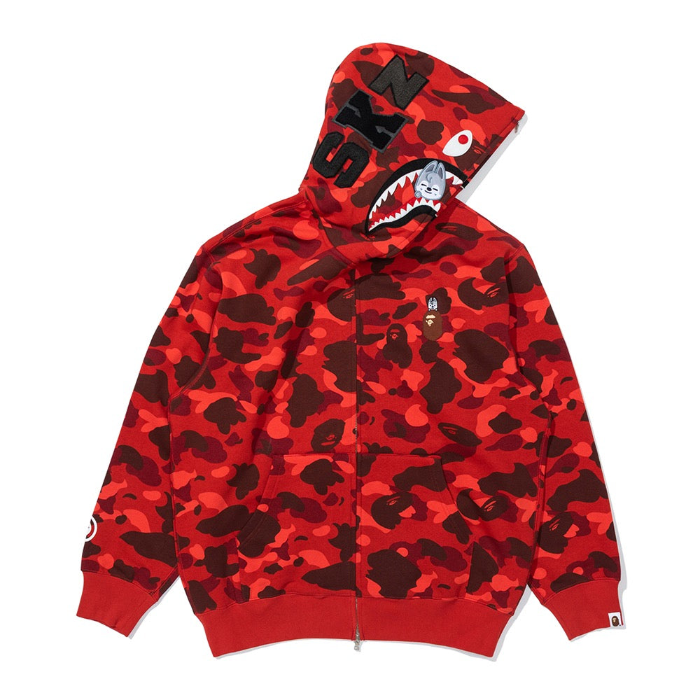 BAPE X STRAYKIDS 카모 샤크 릴렉스트 핏 풀 집 후드(M) RED