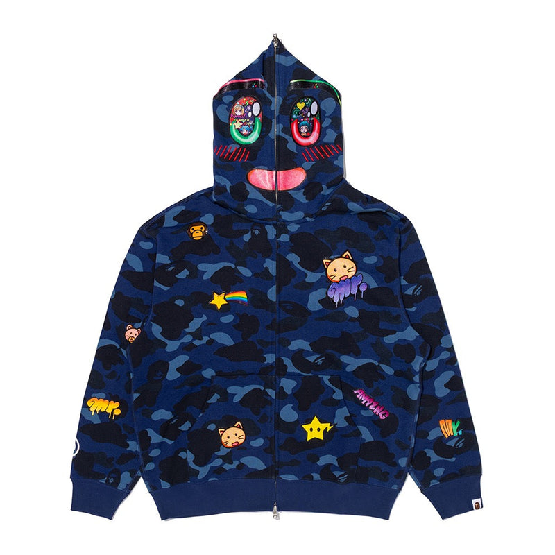 BAPE X MR. 컬러 카모 릴렉스드 핏 풀 집 후드(M) NAVY