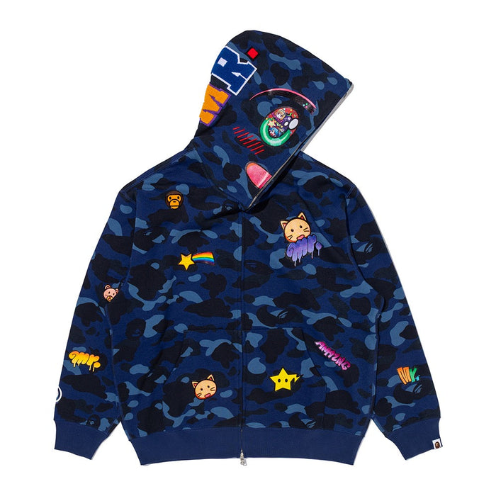 BAPE X MR. 컬러 카모 릴렉스드 핏 풀 집 후드(M) NAVY