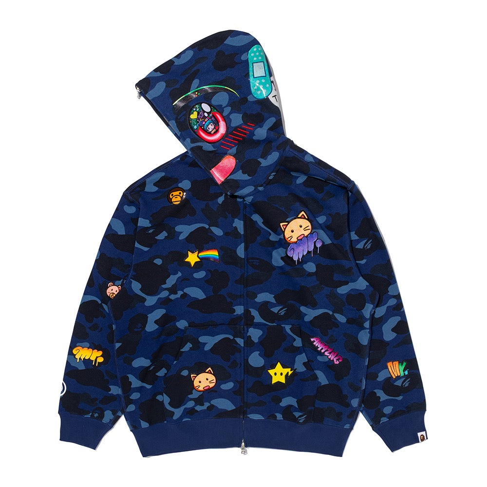 BAPE X MR. 컬러 카모 릴렉스드 핏 풀 집 후드(M) NAVY