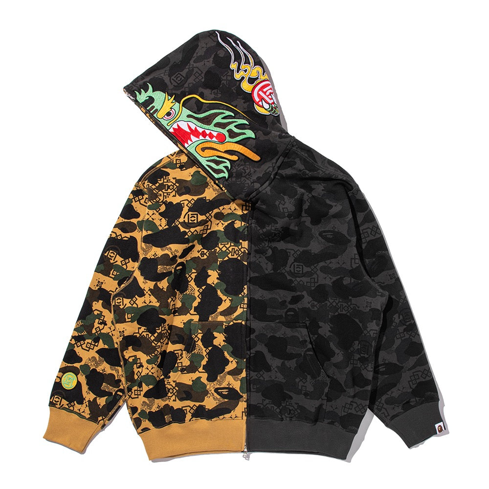 BAPE X CLOT 카모 스플릿 샤크 릴렉스드 핏 풀 집 후드(M) BLACK