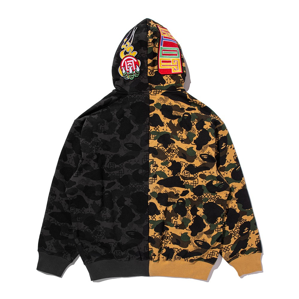 BAPE X CLOT 카모 스플릿 샤크 릴렉스드 핏 풀 집 후드(M) BLACK